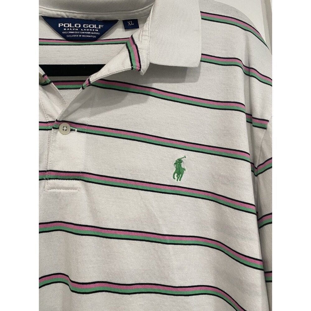 Polo Golf Ralph Lauren Polo Shirt Mens XL White Green/Pink Striped Pima Cotton